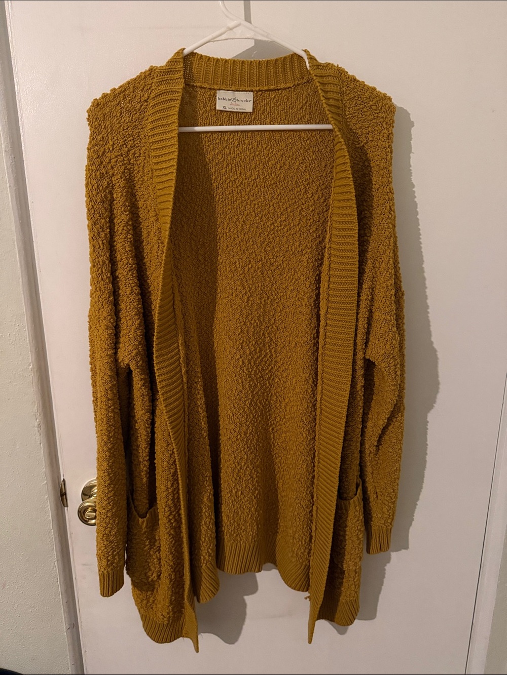 Bobbie Brooks Mustard Open-Front Textured Cardigan with Pockets